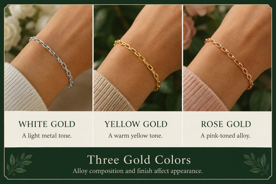 White Gold vs. Yellow Gold vs. Rose Gold: A light metal tone. A warm yellow tone.