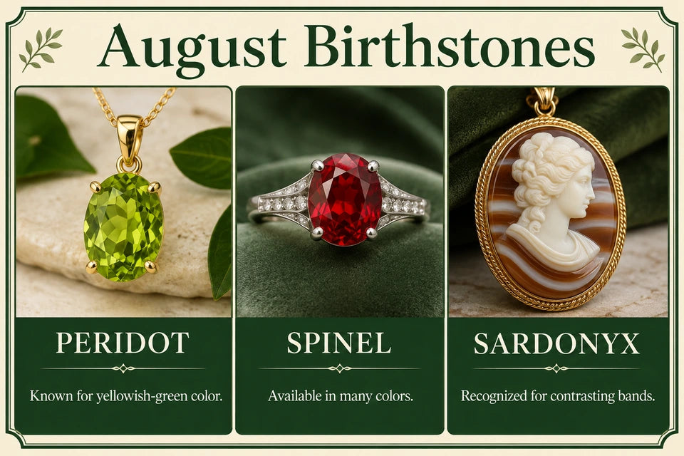 August Birthstone Guide: Known for yellowish-green color. Available in many colors.