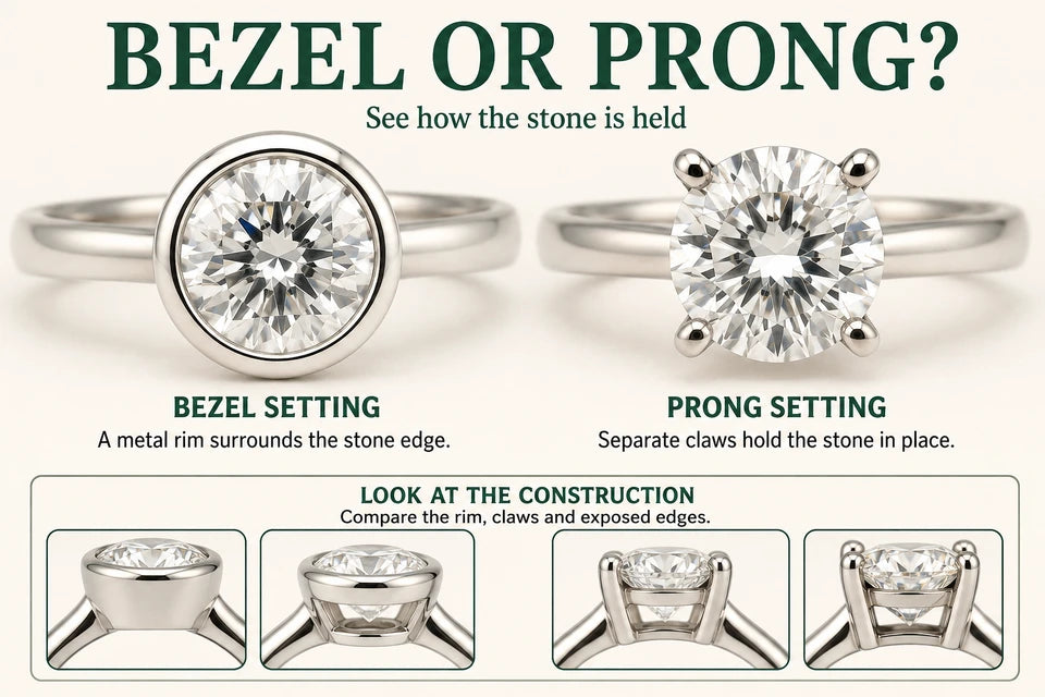 Bezel Engagement Ring Guide: A metal rim surrounds the stone edge. Separate claws hold the stone in place.