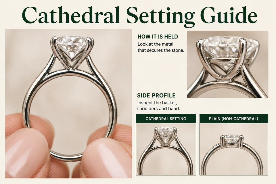 Cathedral Setting Guide: Look at the metal that secures the stone. Inspect the basket, shoulders and band.