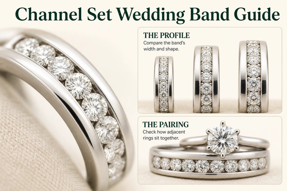 Channel Set Wedding Band Guide: Compare the band’s width and shape. Check how adjacent rings sit together.
