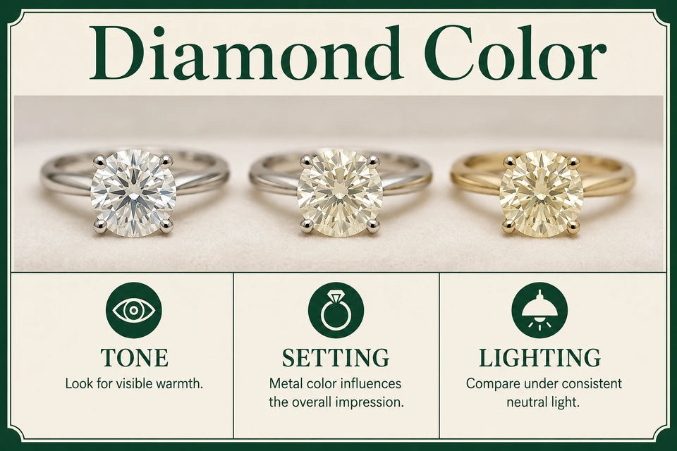 Diamond Color Guide: Look for visible warmth. Metal color influences the overall impression.