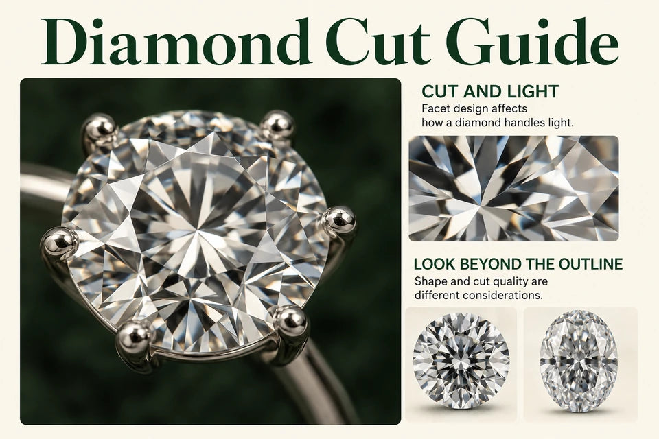 Diamond Cut Guide: Facet design affects how a diamond handles light. Shape and cut quality are different considerations.