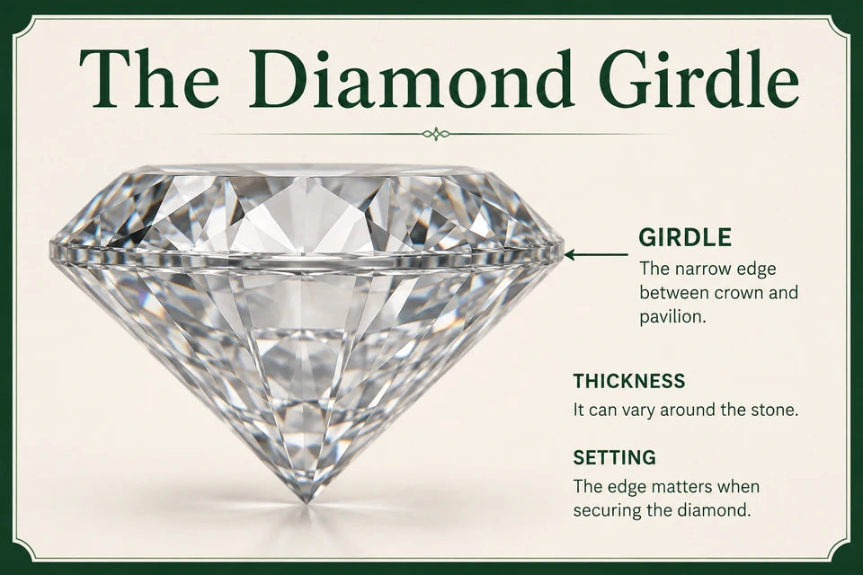 Diamond Girdle Guide: The narrow edge between crown and pavilion. It can vary around the stone.