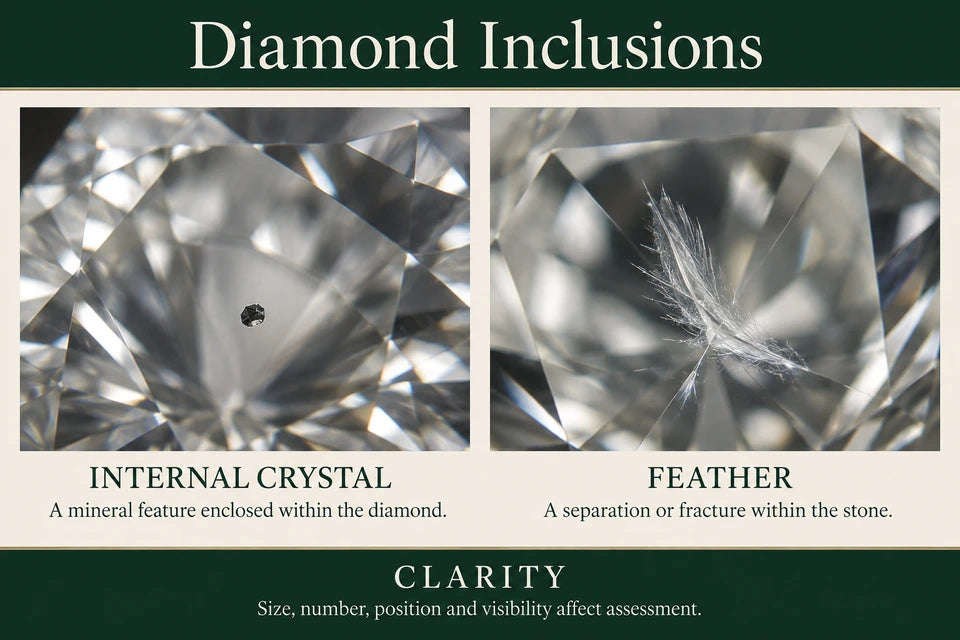 Diamond Inclusions Guide: A mineral feature enclosed within the diamond. A separation or fracture within the stone.