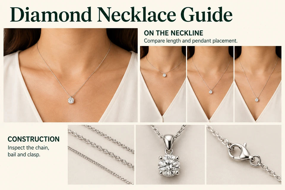 Diamond Necklace Guide: Compare length and pendant placement. Inspect the chain, bail and clasp.