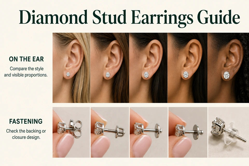 Diamond Stud Earrings Guide: Compare the style and visible proportions. Check the backing or closure design.
