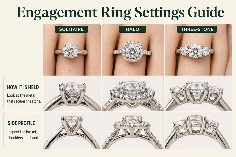 Engagement Ring Settings Guide: Look at the metal that secures the stone. Inspect the basket, shoulders and band.