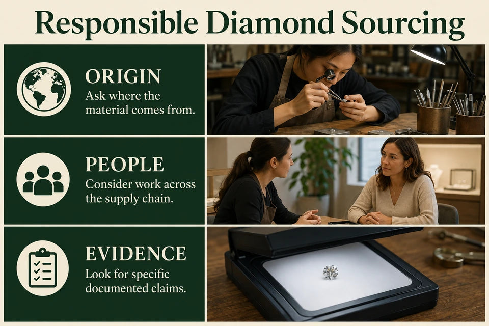 Ethical Diamond Guide: Ask where the material comes from. Consider work across the supply chain.