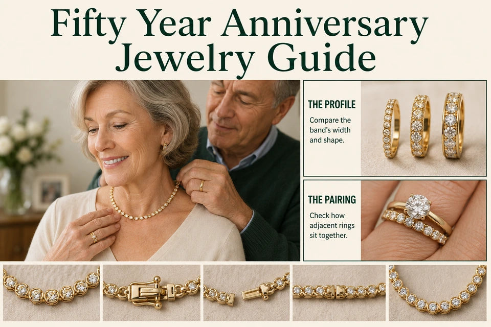 Fifty Year Anniversary Jewelry Guide: Compare the band’s width and shape. Check how adjacent rings sit together.
