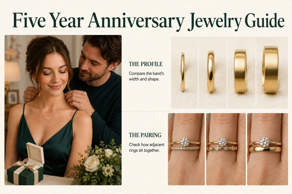 Five Year Anniversary Jewelry Guide: Compare the band’s width and shape. Check how adjacent rings sit together.