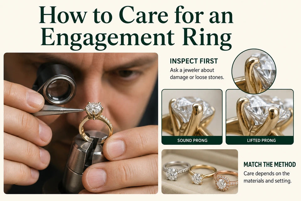 How to Care for an Engagement Ring: Ask a jeweler about damage or loose stones. Care depends on the materials and setting.