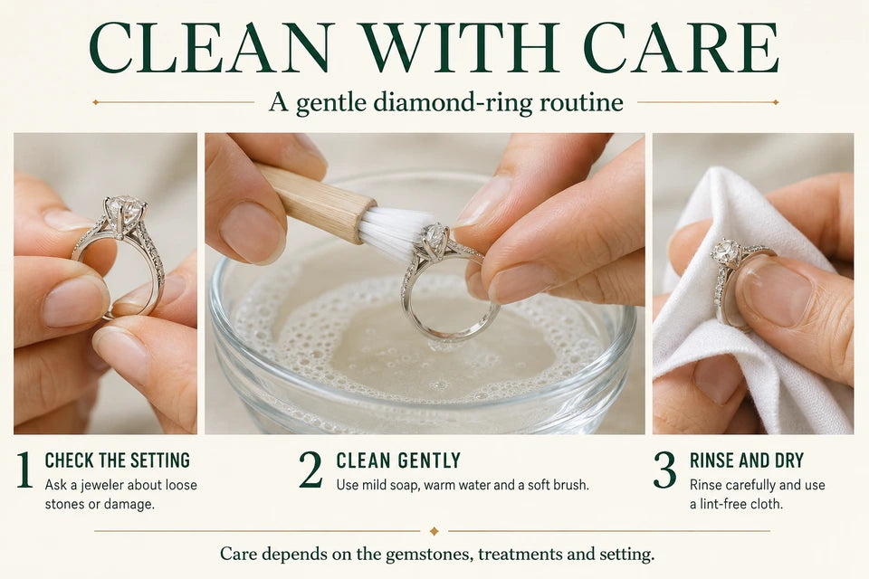 How to Clean an Engagement Ring: Ask a jeweler about loose stones or damage. Use mild soap, warm water and a soft brush.