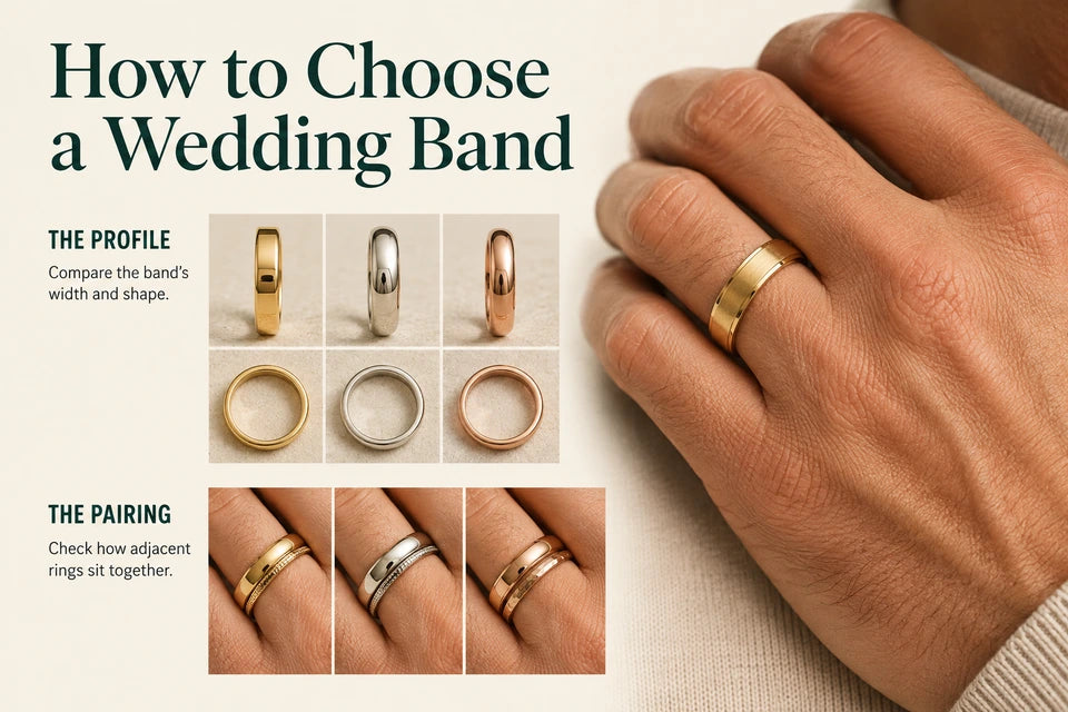 How to Choose a Wedding Band: Compare the band’s width and shape. Check how adjacent rings sit together.