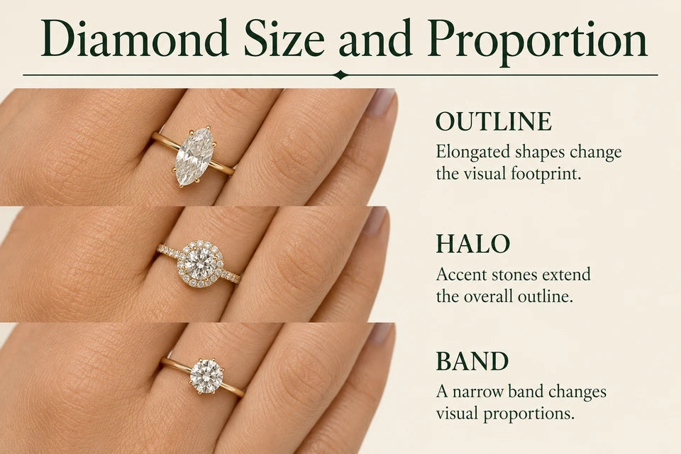 How to Make a Diamond Look Bigger: Elongated shapes change the visual footprint. Accent stones extend the overall outline.