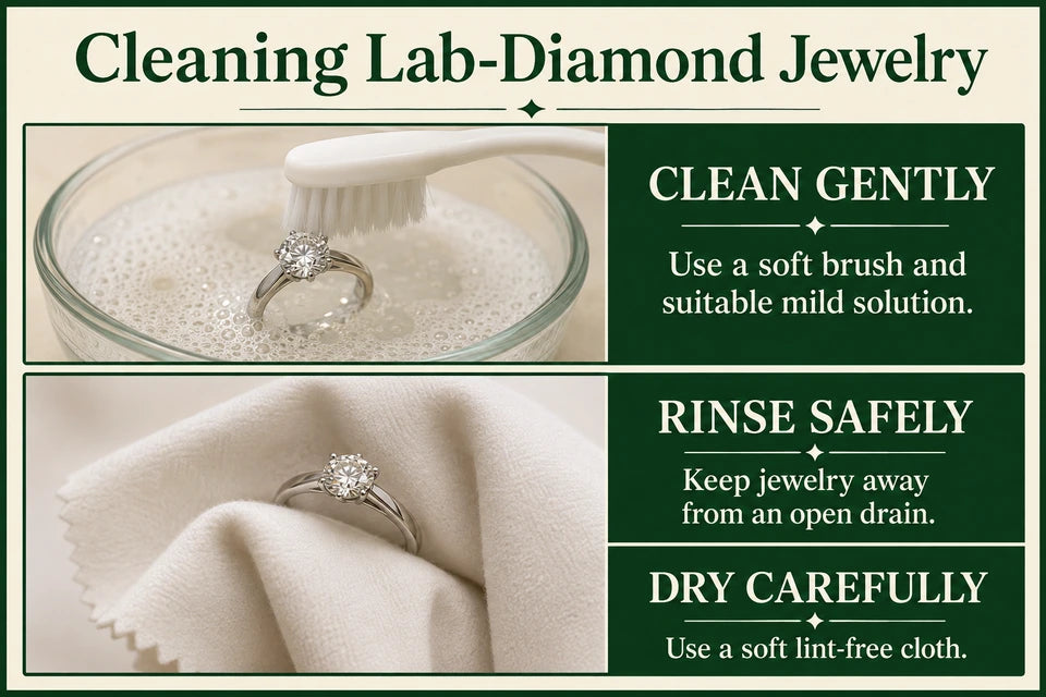 How to Clean Lab Diamond Jewelry: Use a soft brush and suitable mild solution. Keep jewelry away from an open drain.