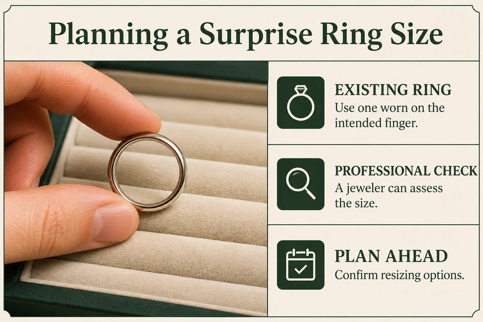 How to Secretly Find Ring Size: Use one worn on the intended finger. A jeweler can assess the size.