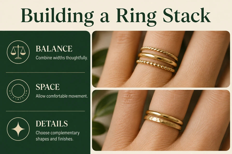 How to Stack Rings: Combine widths thoughtfully. Allow comfortable movement.