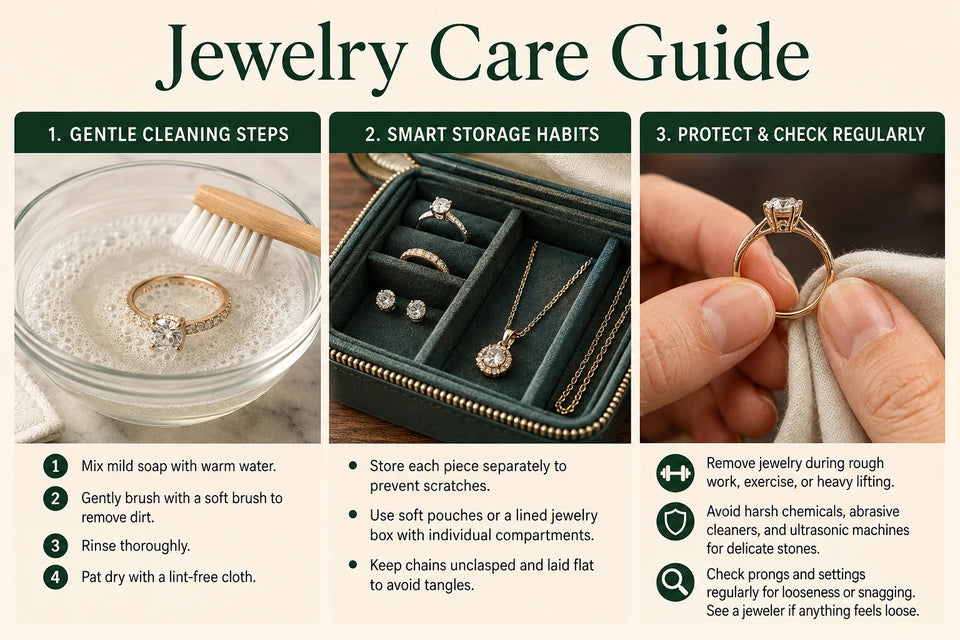 Jewelry Care Guide: Ask a jeweler about damage or loose stones. Care depends on the materials and setting.