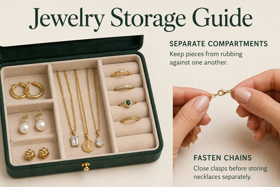 Jewelry Storage Guide: Keep pieces from rubbing against one another. Close clasps before storing necklaces separately.