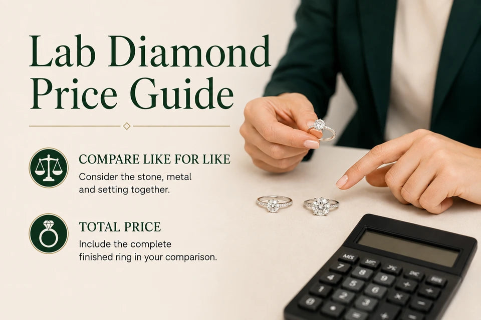 Lab Diamond Price Guide: Consider the stone, metal and setting together. Include the complete finished ring in your comparison.