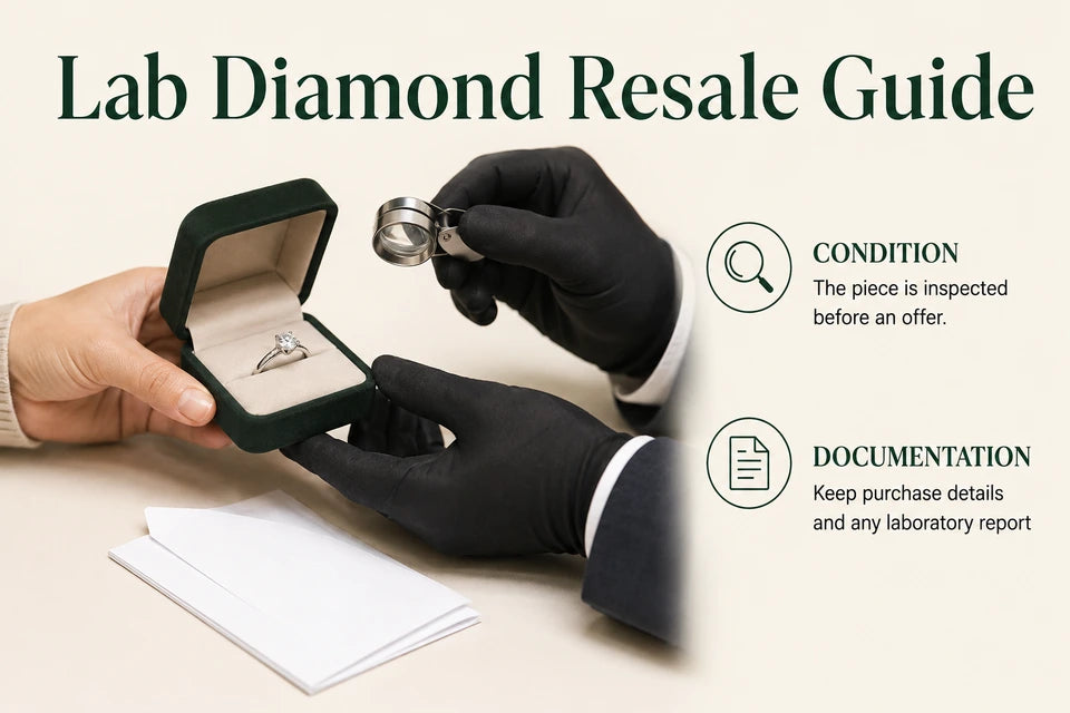 Lab Diamond Resale Guide: The piece is inspected before an offer. Keep purchase details and any laboratory report.