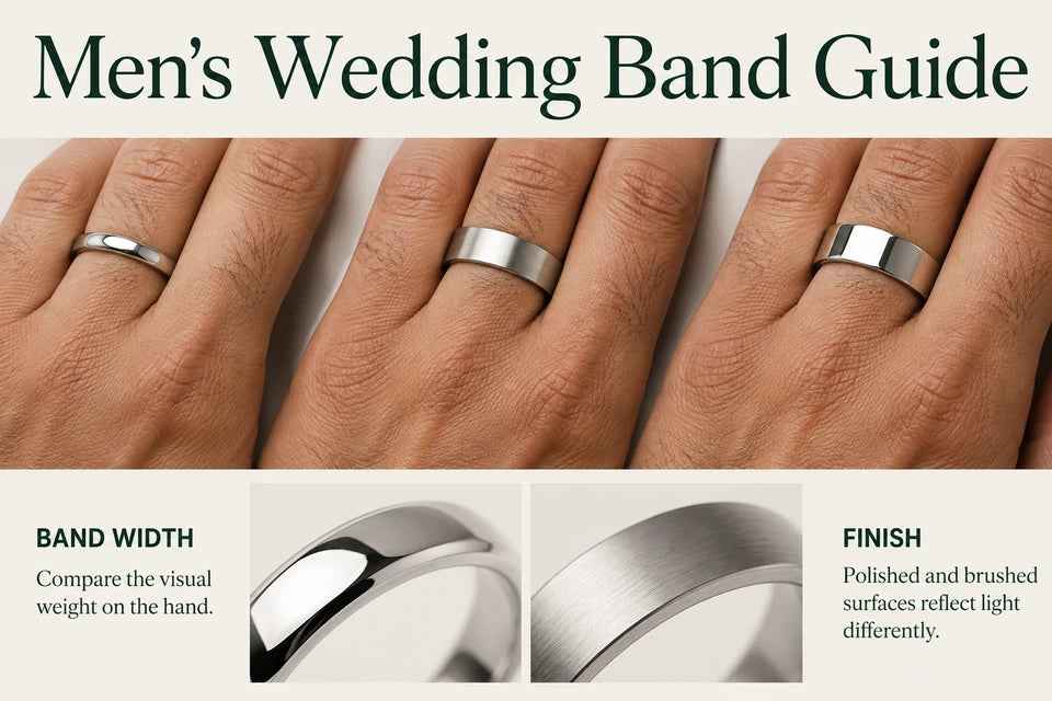 Men's Wedding Band Guide: Compare the visual weight on the hand. Polished and brushed surfaces reflect light differently.