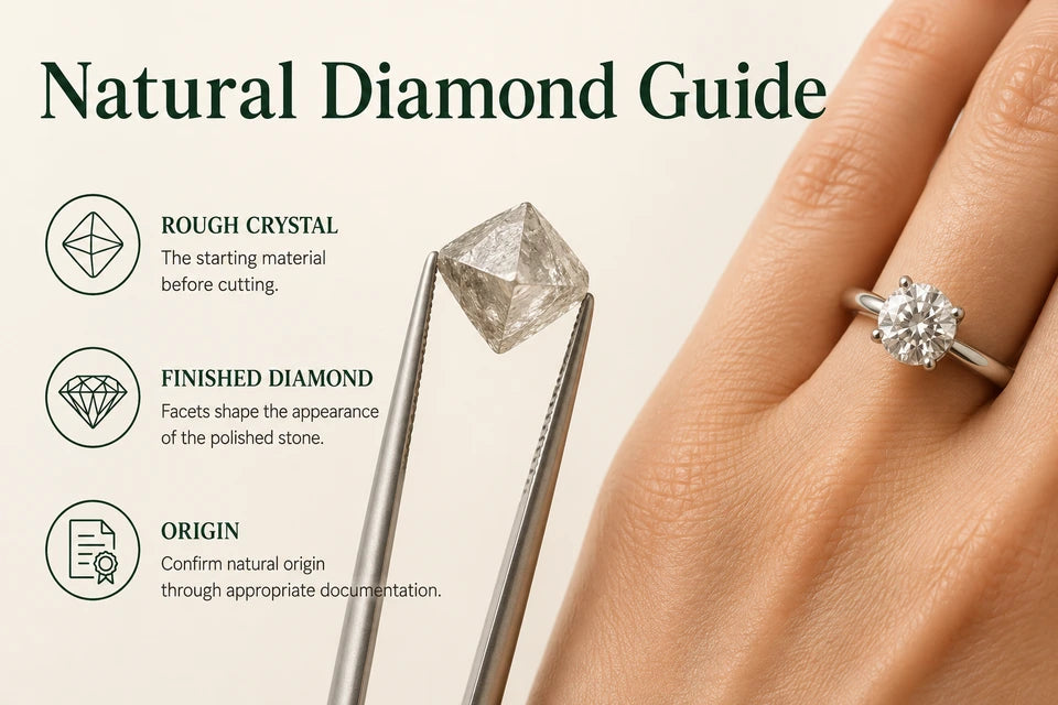 Natural Diamond Guide: The starting material before cutting. Facets shape the appearance of the polished stone.