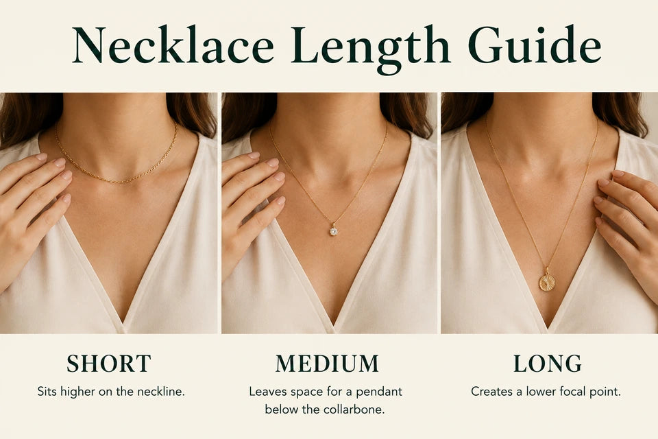 Necklace Length Guide: Sits higher on the neckline. Leaves space for a pendant below the collarbone.