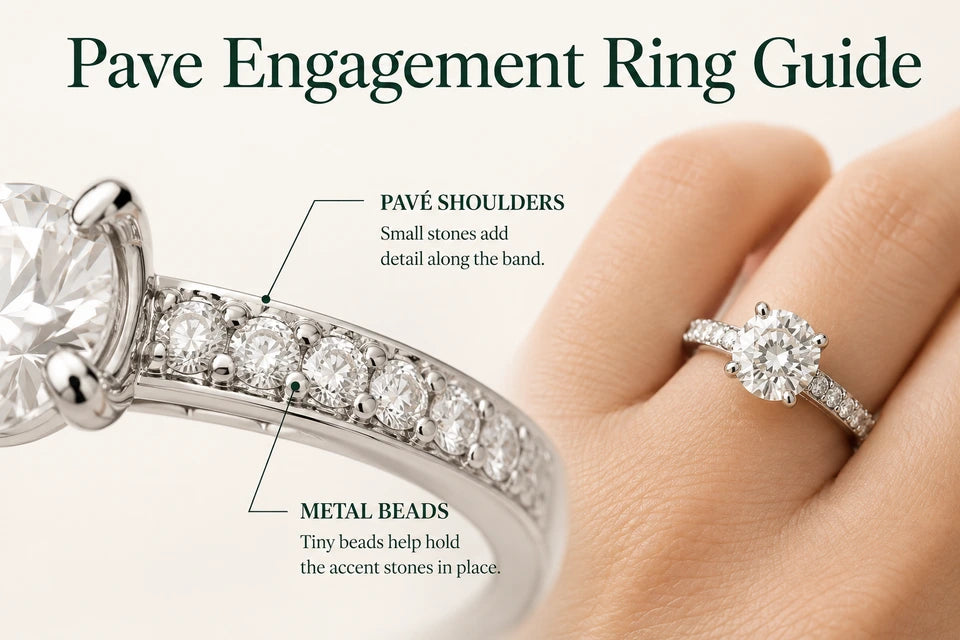 Pave Engagement Ring Guide: Small stones add detail along the band. Tiny beads help hold the accent stones in place.