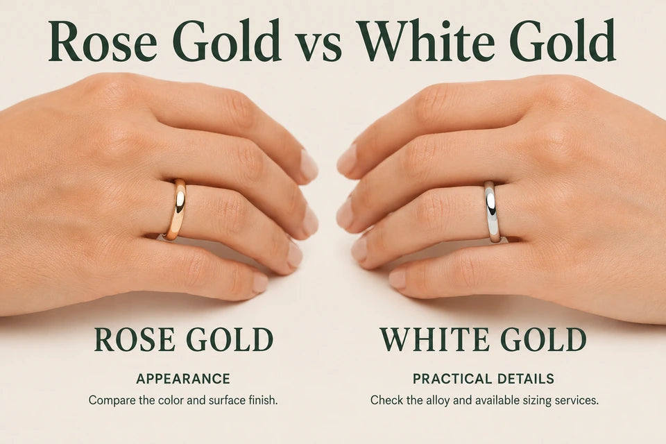 Rose Gold vs White Gold: Compare the color and surface finish. Check the alloy and available sizing services.