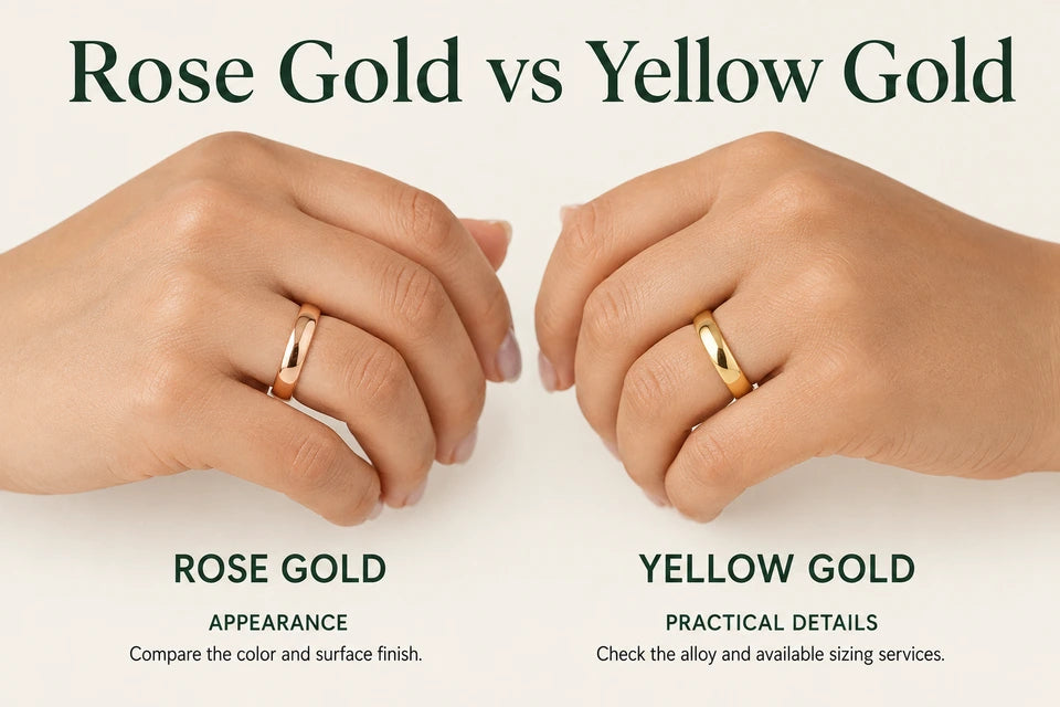 Rose Gold vs Yellow Gold: Compare the color and surface finish. Check the alloy and available sizing services.