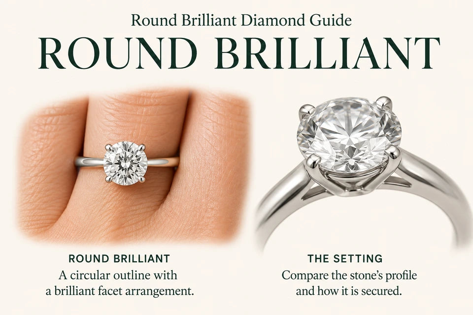Round Brilliant Diamond Guide: A circular outline with a brilliant facet arrangement. Compare the stone’s profile and how it is secured.