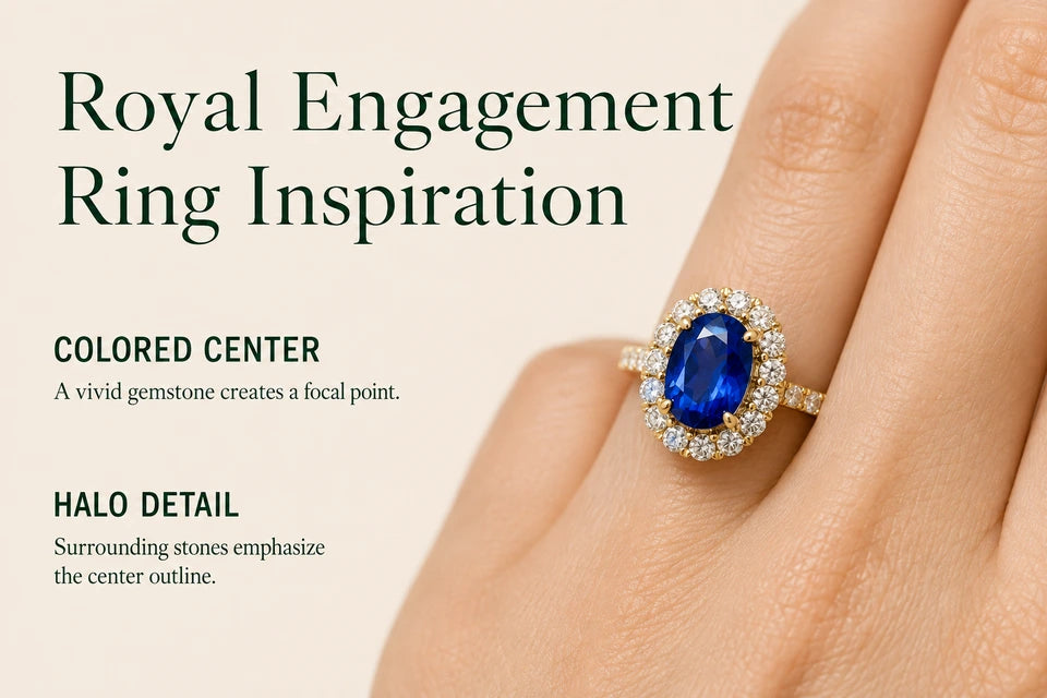 Royal Engagement Ring Inspiration: A vivid gemstone creates a focal point. Surrounding stones emphasize the center outline.