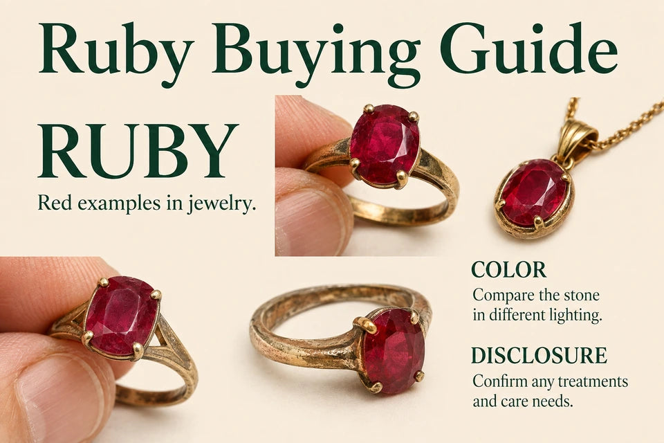 Ruby Buying Guide: Red examples in jewelry. Compare the stone in different lighting.