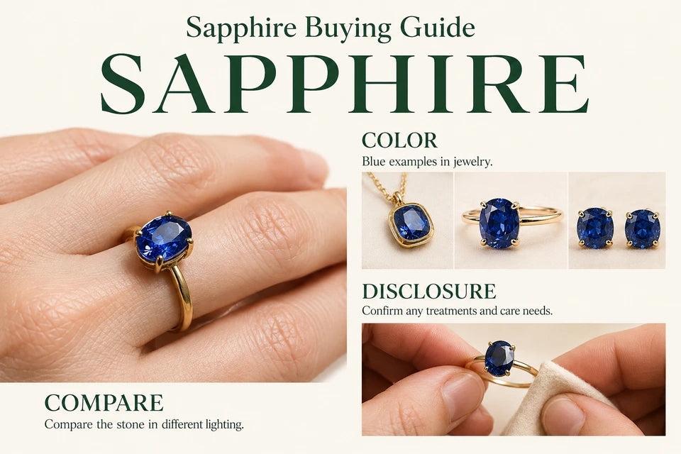 Sapphire Buying Guide: Blue examples in jewelry. Compare the stone in different lighting.