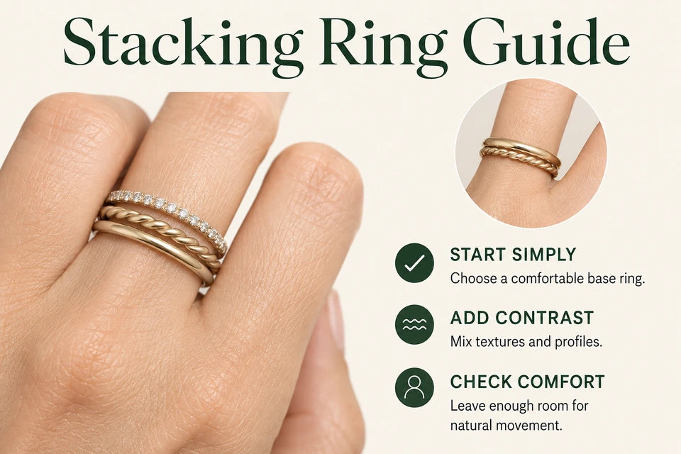 Stacking Ring Guide: Choose a comfortable base ring. Mix textures and profiles.