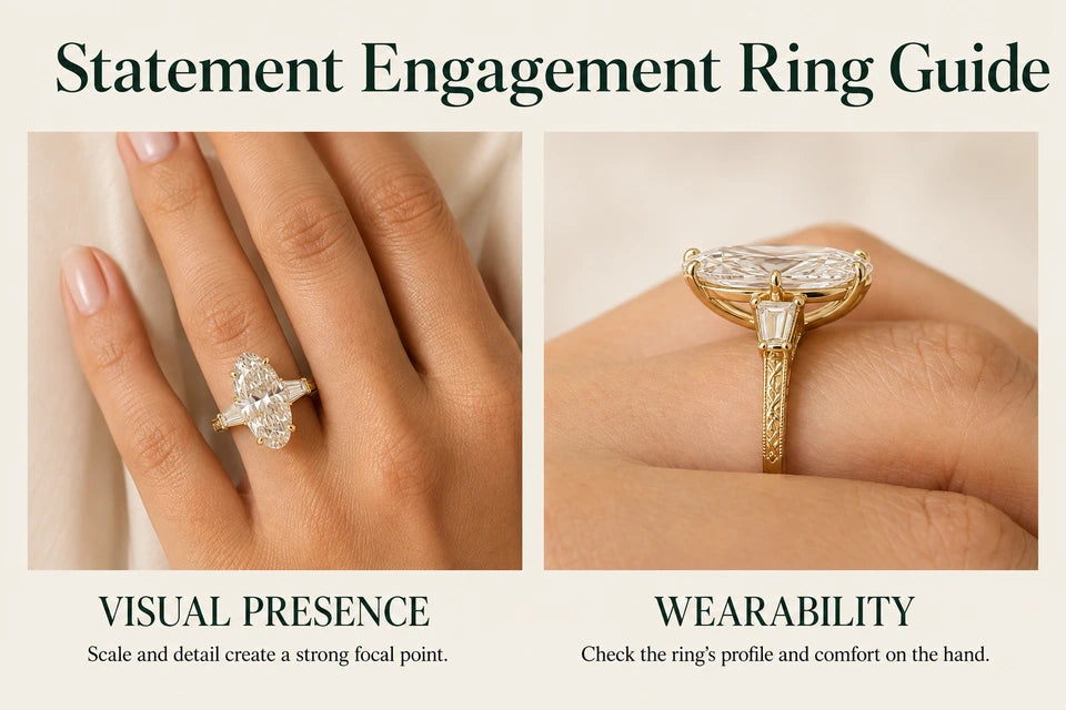 Statement Engagement Ring Guide: Scale and detail create a strong focal point. Check the ring’s profile and comfort on the hand.