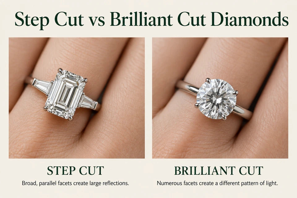 Step Cut vs Brilliant Cut Diamonds: Broad, parallel facets create large reflections. Numerous facets create a different pattern of light.