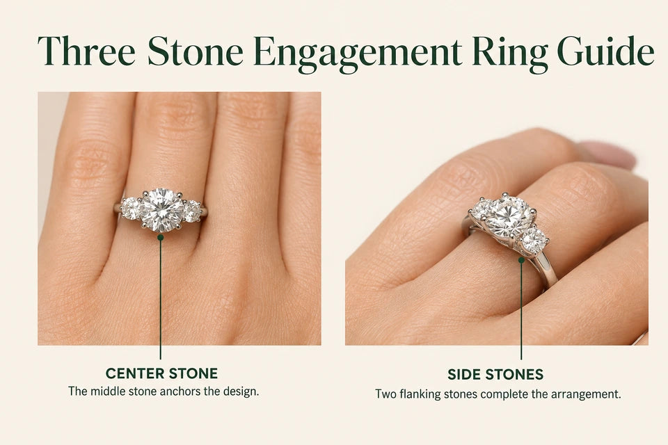 Three Stone Engagement Ring Guide: The middle stone anchors the design. Two flanking stones complete the arrangement.