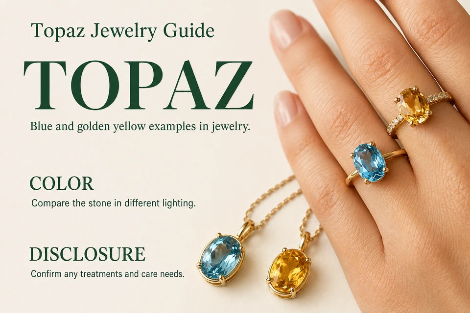 Topaz Jewelry Guide: Blue and golden yellow examples in jewelry. Compare the stone in different lighting.