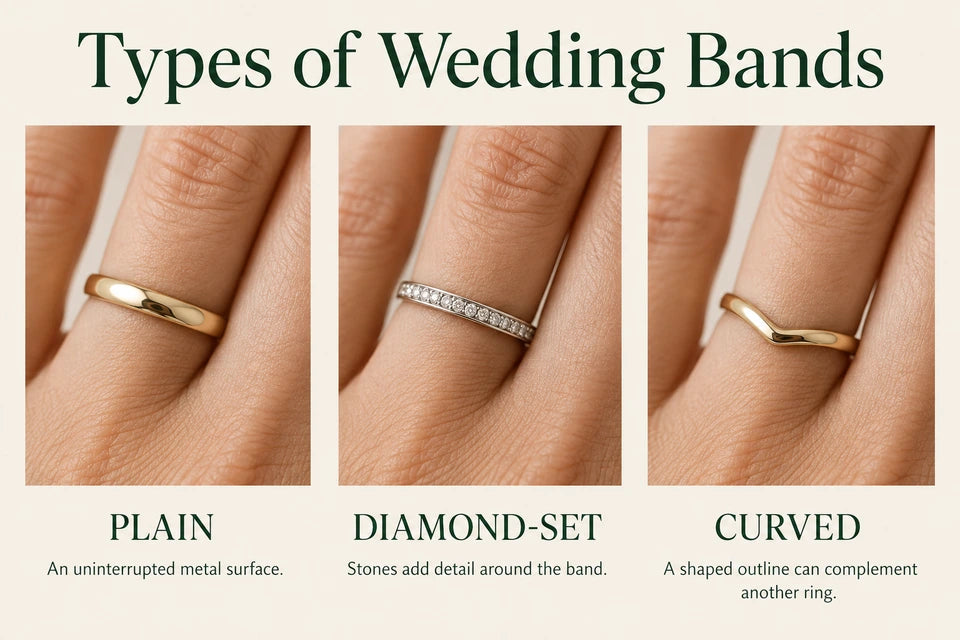 Types of Wedding Bands: An uninterrupted metal surface. Stones add detail around the band.
