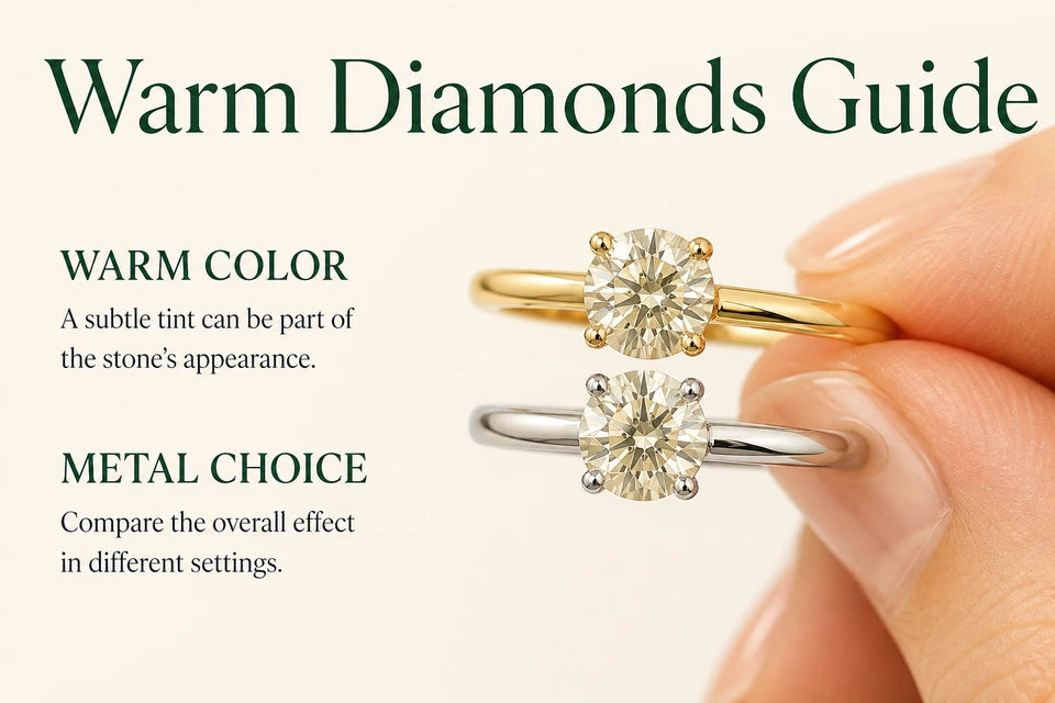 Warm Diamonds Guide: A subtle tint can be part of the stone’s appearance. Compare the overall effect in different settings.