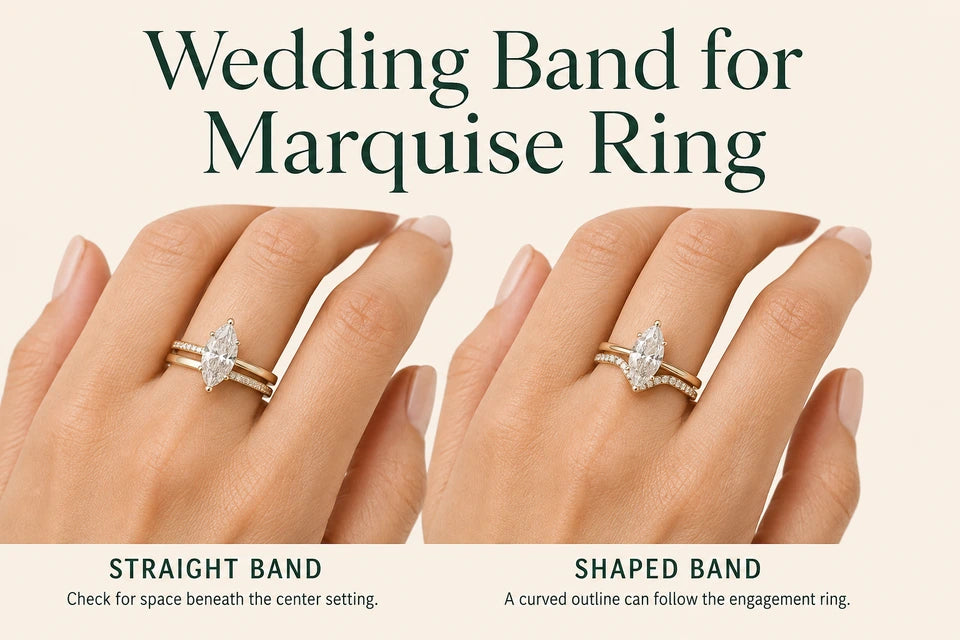 Wedding Band for Marquise Ring: Check for space beneath the center setting. A curved outline can follow the engagement ring.