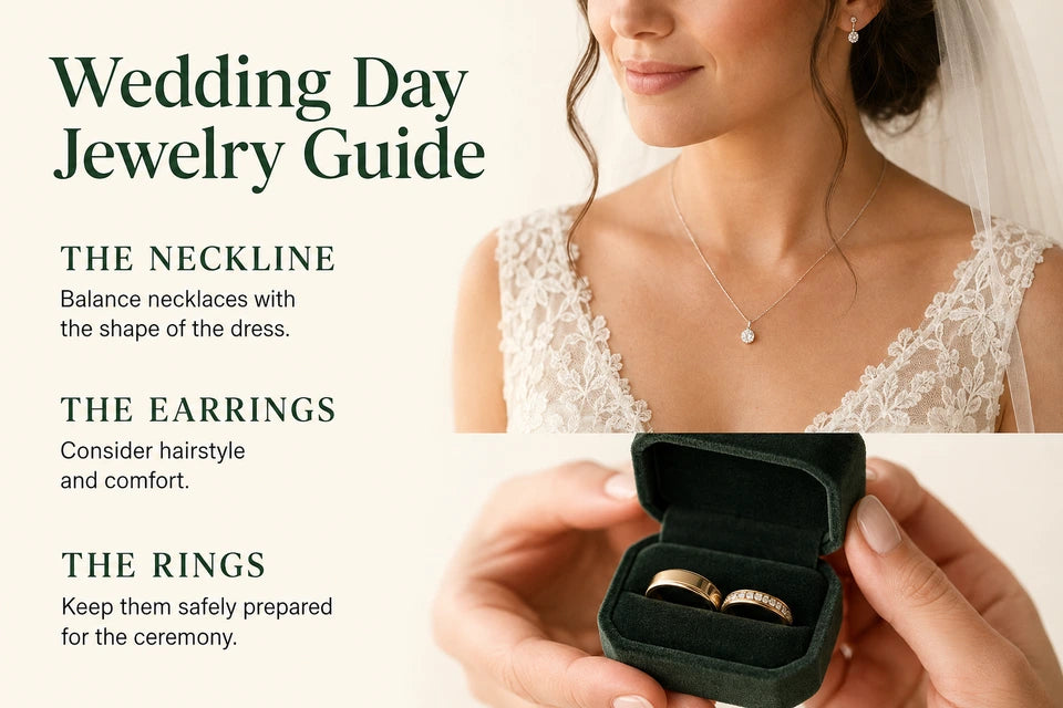 Wedding Day Jewelry Guide: Balance necklaces with the shape of the dress. Consider hairstyle and comfort.