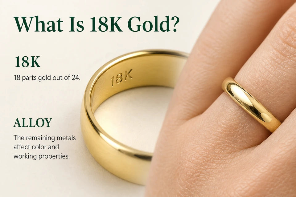 What Is 18K Gold?: 18 parts gold out of 24. The remaining metals affect color and working properties.