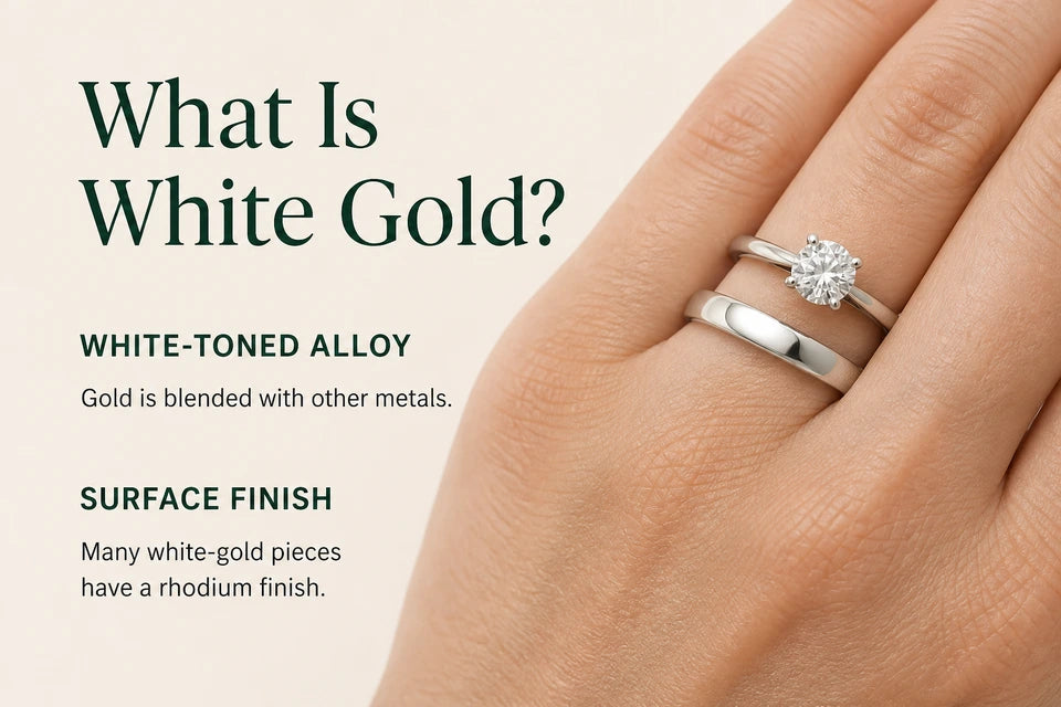 What Is White Gold?: Gold is blended with other metals. Many white-gold pieces have a rhodium finish.