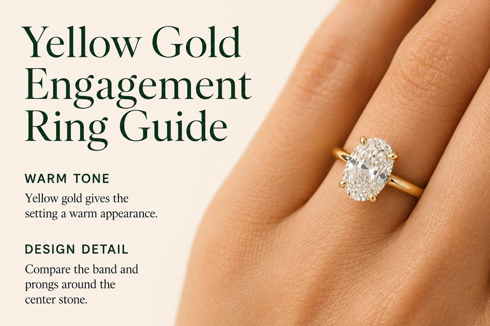 Yellow Gold Engagement Ring Guide: Yellow gold gives the setting a warm appearance. Compare the band and prongs around the center stone.