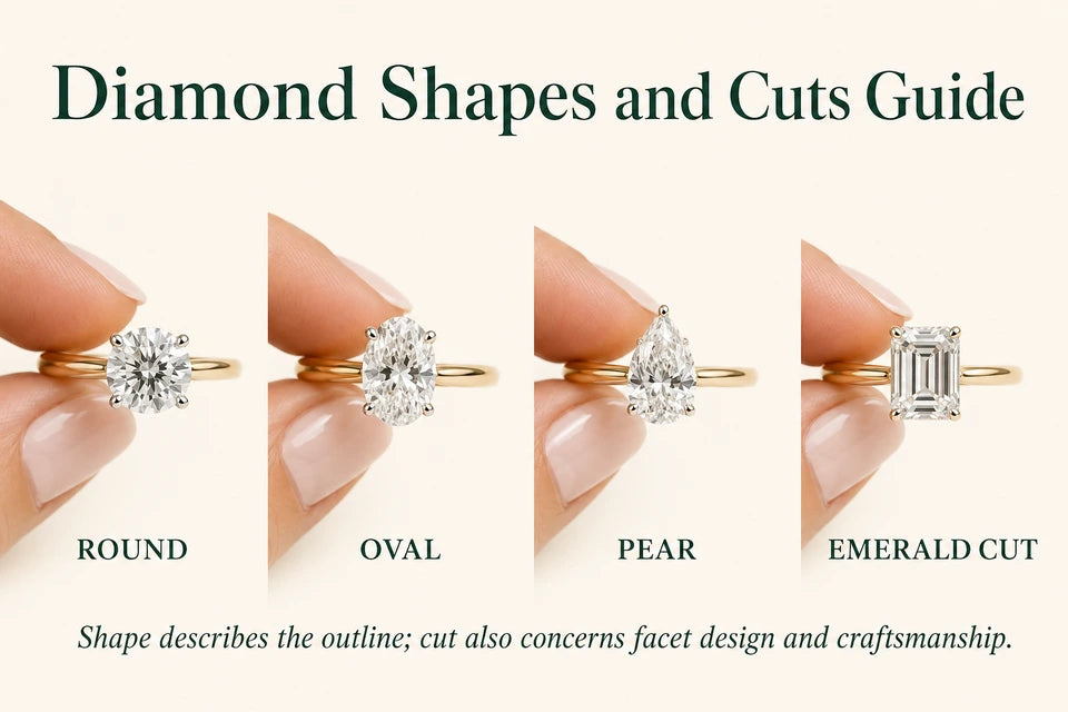 Diamond Shapes and Cuts Guide: Shape describes the outline; cut also concerns facet design and craftsmanship.