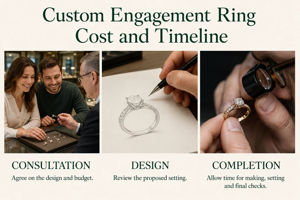 Custom Engagement Ring Cost and Timeline: Agree on the design and budget. Review the proposed setting.